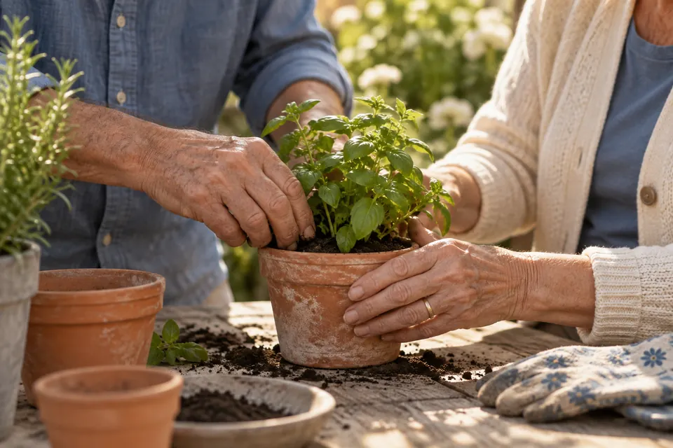 Older adults potting a small herb plant together.