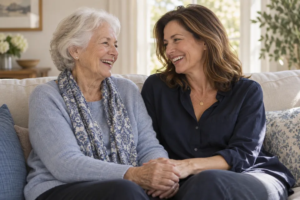 An older woman and her adult daughter sharing a warm moment on a sofa.